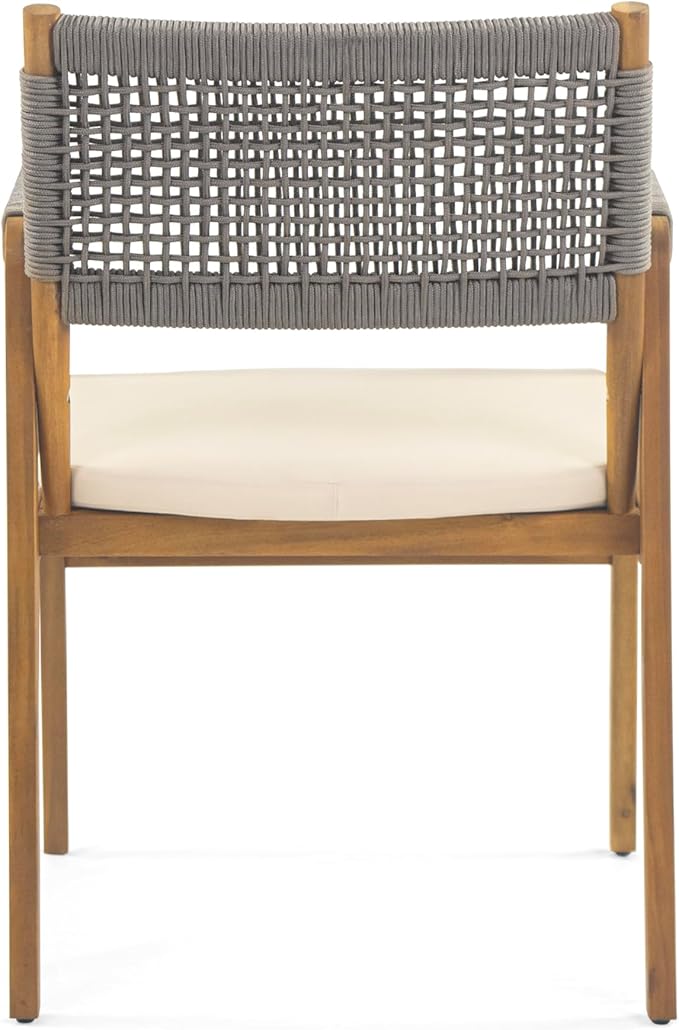 Christopher Knight Home Set of 2 Terry Farmhouse Country Patio Acacia Wood Dining Armchairs, Outdoor Side Chair with Rope Woven Backrest, Garden/Backyard Accent Chair with Cushions,Grey+Natural Brown