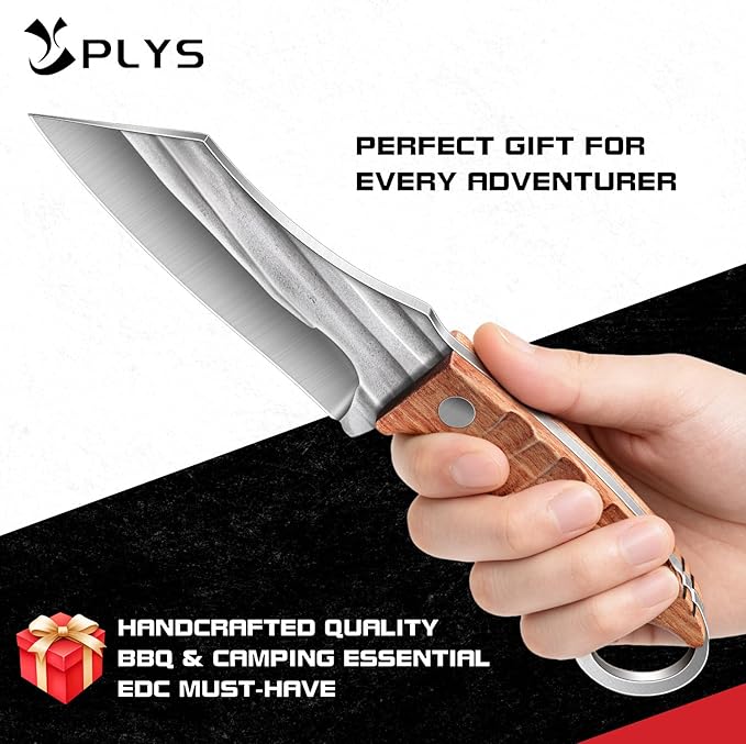 Plys 8 Inch Fixed Blade Hunting Knife with Sheath, Full Tang Survival Camping Knife, Corrosion-Resistant High Carbon Steel, Rosewood Handle EDC Knife for Outdoor Adventure, Hiking, Hunting & Prepping