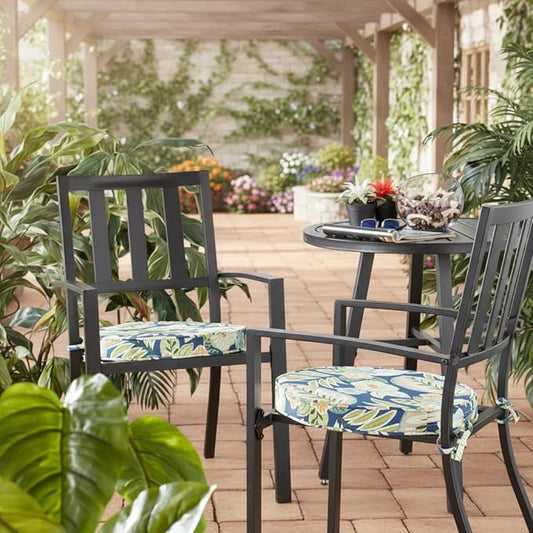 Set of 2 Outdoor 18 inch Round Patio Dining Chair Pads – Comfortable Fiber-Filled Seat Cushions with Ties, Reversible Polyester Fabric - Marlow Blue Floral