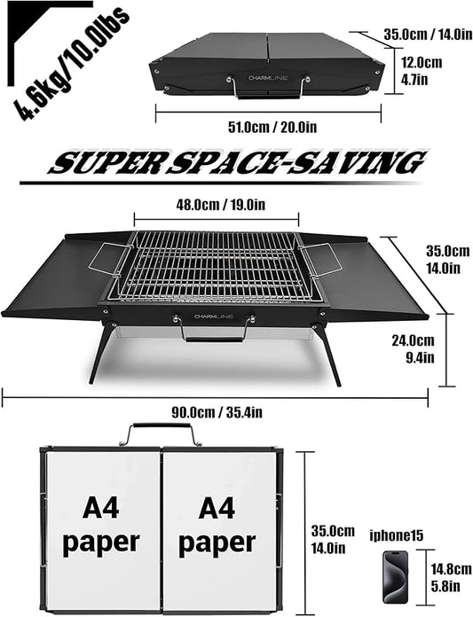 Charmline 20x14inch Big Foldable Portable Charcoal Grill, Charcoal Grills for Camping, Picnics, Gardens and Beach Parties, Black, With 44x24in Fireproof Mat