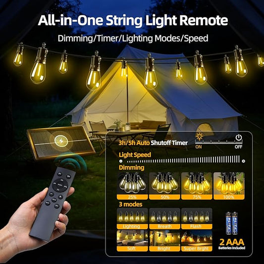 Solar Lights Outdoor Patio Lights: S14 10M 33FT Solar Powered Remote Control 3 Light Modes Dimmable Solar Waterproof Light - Shatterproof Bulbs - Camping Backyard Garden Deck Outside Yard