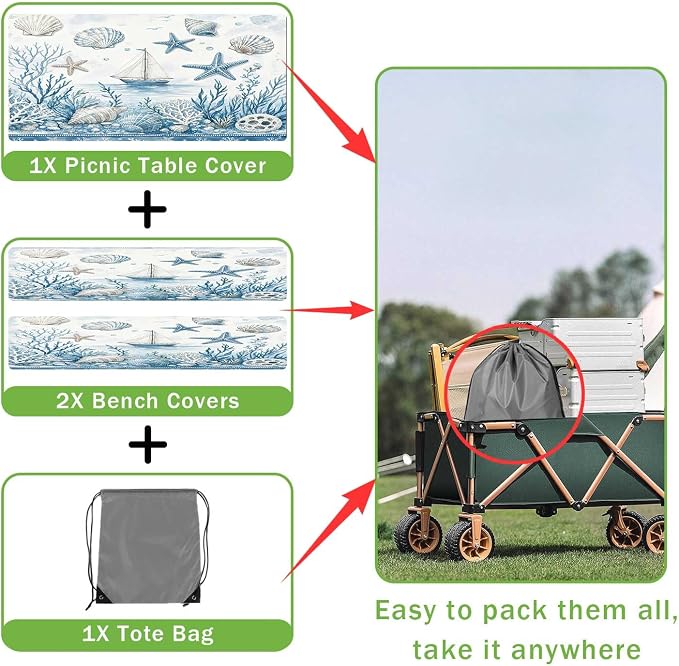 JAWO Picnic Table Cover with Bench Covers and Bag, Tropical Beach Starfish Rv Essentials, Waterproof Windproof Fabric, Fitted Tablecloth Cover with Elastic Edge, 3 PCS, 30x72 Inch