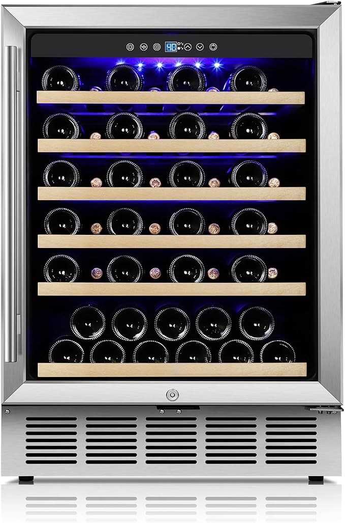 24 Inch Wine Cooler Refrigerator Built-in or Freestanding | 40–65°F Wine Fridge with Glass Door, 52 Bottles Under Counter Adjustable Shelves Wine Cooler for Home Bar Kitchen Office