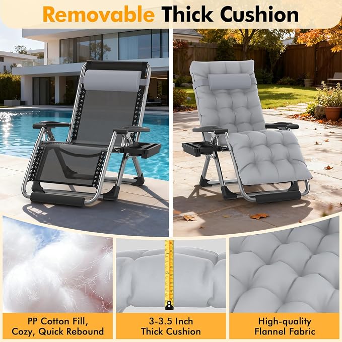 Slendor Oversized Zero Gravity Chairs XL,29in Padded Reclining Chair, Black | Recliner Lounge Chair, Folding Anti Gravity Chairs w/Aluminum Alloy Lock, Headrest, Cup Holder, Support 440lbs,for Lawn Patio