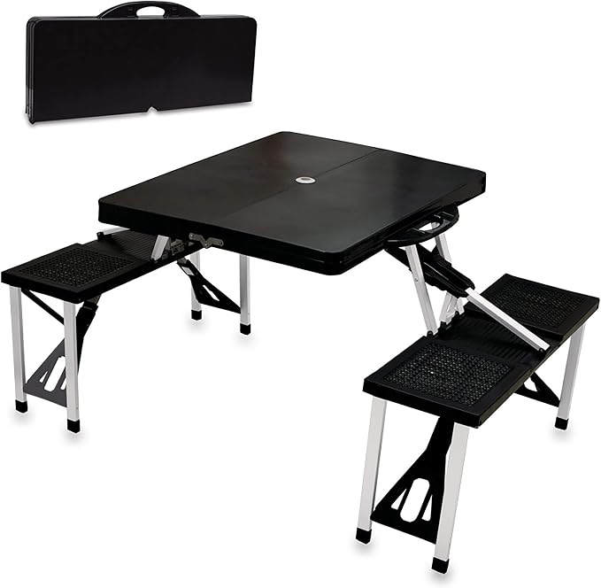 Picnic TIME Portable Folding Picnic Table with Seats for 4, Collapsible Aluminum Table with Benches & Umbrella Hole, Lightweight Foldable Table for Camping, Travel, Backyard, Tailgating | with Umbrella Hole