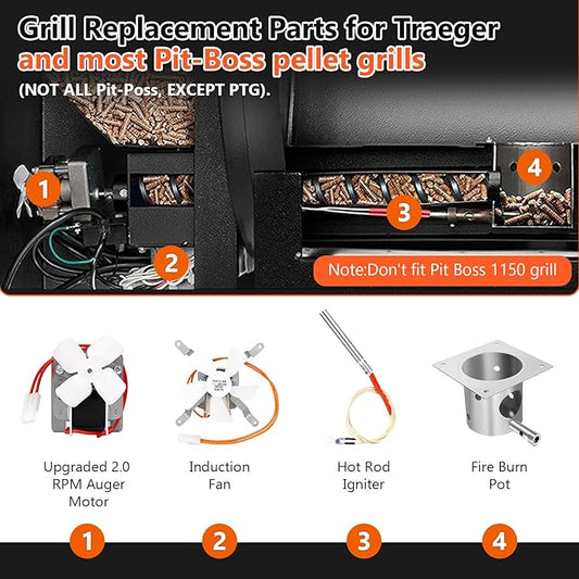 SUS304 Stainless Steel Fire Burn Pot and Hot Rod Ignitor Kit Replacement Parts for Traeger & Pit Boss Wood Pellet Grill Smoker, Induction Fan, 2.0 RPM Auger Motor with Ash Remover, Screws & Fuse