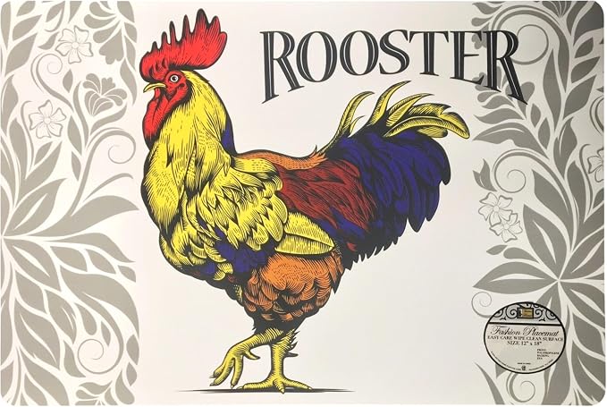 Set of 4 Sturdy Foam Backed Placemats Kitchen Table Decorator and Protection Easy Clean 12" X 18", Rooster