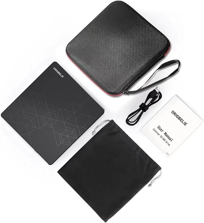 ORIGBELIE External CD DVD Drive 2 USB Port 2 TF/SD Card Slot &Carrying Case | USB C 3.0 CD DVD ROM Player Burner Reader Writer Rewriter Optical Disk Drive for Laptop PC Macbook OS Windows 11/10/8/7 Linux