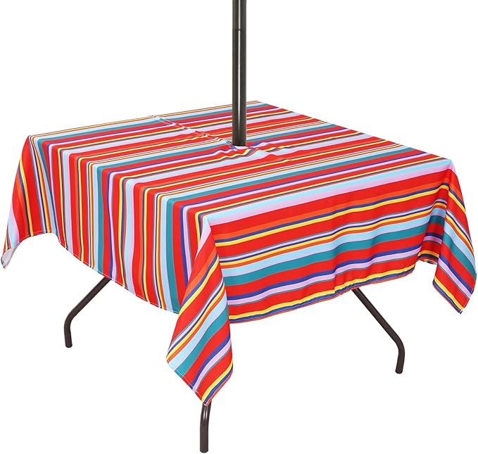 Poise3EHome Square Outdoor Tablecloth with Umbrella Hole and Zipper,Stripe 60x60 Inch,Polyester SpillProof Washable Table Cloth for Spring Summer Patio Garden Poolside Picnic Camping BBQS