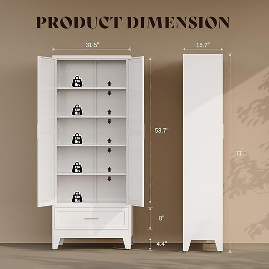 71“H Kitchen Pantry Cabinet with Drawers,Tall Kitchen Pantry Cabinets,Metal Food Storage Cabinets, White Pantry Cabinet with 4 Doors, Large Freestanding Cabinets for Dining Room, Living Room