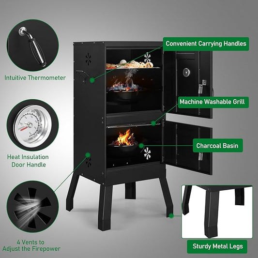 Portable Grill Cooker, BBQ Smoker Grill, Outdoor Smoker Cabinet with Double Doors, Detachable Grill Netting Smoking Racks, Charcoal Pan & Water Pan, Charcoal Smoker for Barbecue Camping Backyard Grill