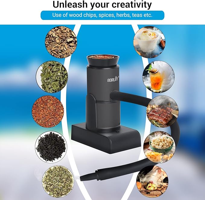 BORUIT Smoking Gun Cocktail Smoker Gun Includes Wood Chips and Accessories,Portable Drink Smoker,Indoor Food Smoker Infuser Kit for Cocktails,Meat,BBQ,Cheese,Veggies & Sous Vide(Black)