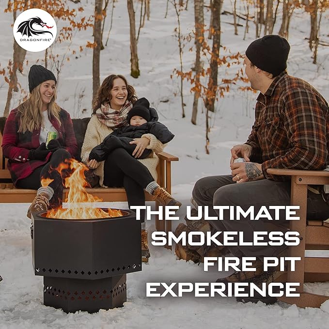 Dragonfire Portable Smokeless Firepit, Accessories Included: Base Stand and Carrying Case. Wood Pellet/Log Burning Outdoor Fire Pit. Black Finish, 22 Inch Size, with Nesting Base for Compact Storage.