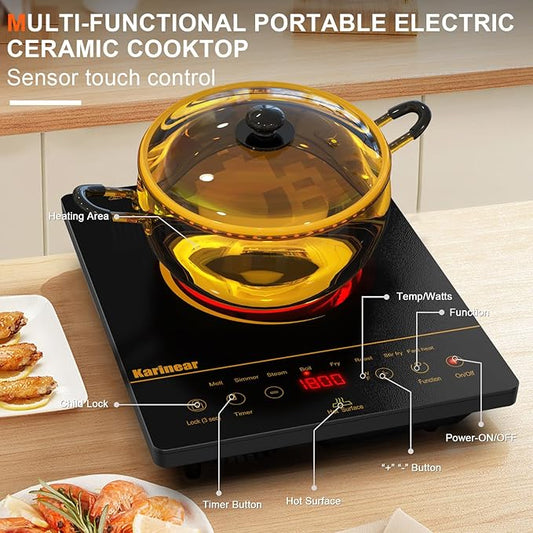 Karinear Portable Electric Cooktop, Electric Stove Single Burner Ceramic Cooktop with Touch Control,Safety Lock, Timer, Residual Heat Indicator, Overheat Protection, 1800W 110V Infrared Burner(Gold)