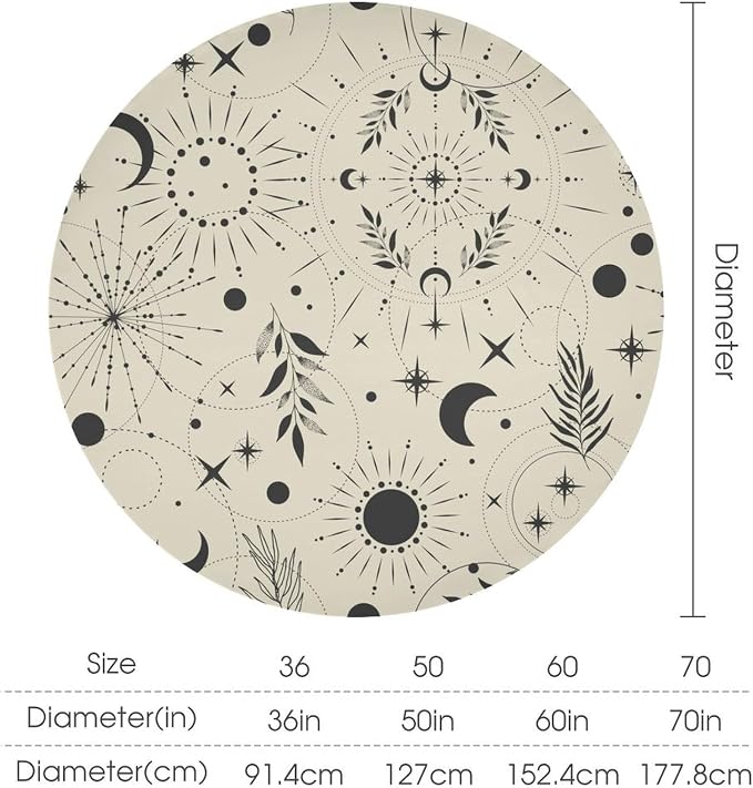 Sun Moon Round Tablecloth Vintage Boho Astrology Star Crescent Galaxy Space Table Cloth Water Resistant Wipeable Table Cover for Farmhouse Picnic Party Holiday Kitchen Dinner Table 60"
