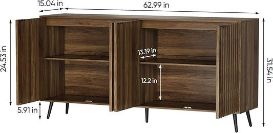 Semiocthome Walnut Buffet Cabinet with Storage, Large Sideboard Cabinet with 4 Fluted Doors and Metal Legs, Storage Cabinet with Adjustable Shelf, Accent Table for Living Room, Dining Room, Kitchen