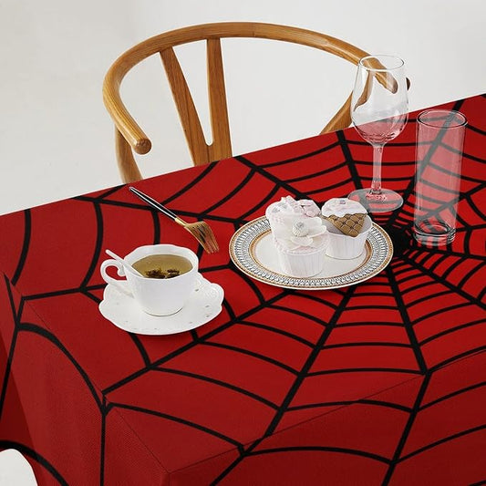 Spider Web Hero Tablecloth, Black Spiderweb Red Cobweb Circle Water Resistant Wipeable Table Cover for Picnic Party Holiday Kitchen Dinner Table 55"x55"