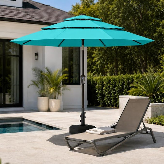 10ft Patio Umbrella, 3-Tier Vented Outdoor Table Umbrella with 8 Sturdy Fiberglass Ribs, Windproof Market Umbrella with Push Button Tilt and Crank, UV Protection for Deck, Pool, Turquoise Blue