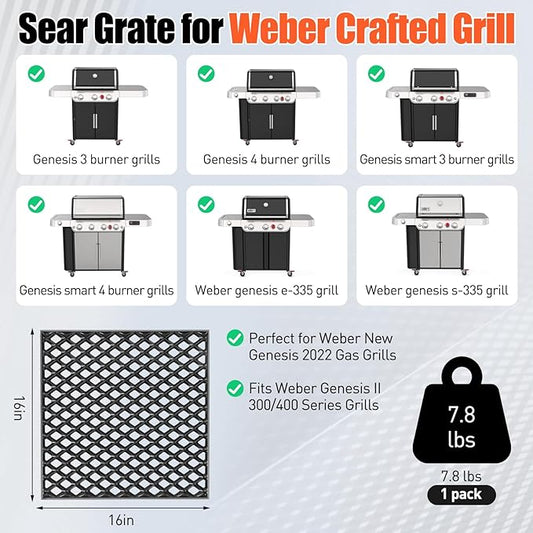 7670 Dual Sided Sear Grate for Weber Genesis 300 2022 SX-325S E-325S EX-325S, Genesis II 300/400 Series, Porcelain-Enameled Cast Iron Replacement Grate for Weber Crafted, Smokefire EX4/EX6 Grill