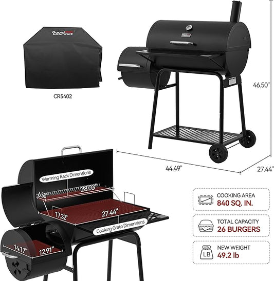 Royal Gourmet CC1830FC 28-Inch Barrel Charcoal Grill with Offset Smoker, 840 Sq. In. Cooking Area, Front Shelf, Charcoal Grill for Outdoor Grilling and Backyard Cooking, Black