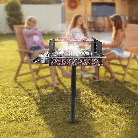 Extra Large Park Style Charcoal Grill, Heavy Duty Outdoor Carbon Steel Park Grill with 52 Inch Height Pole, Single Post Charcoal Grill for Outdoor Cooking, Patio, Camp Grilling Barbecues