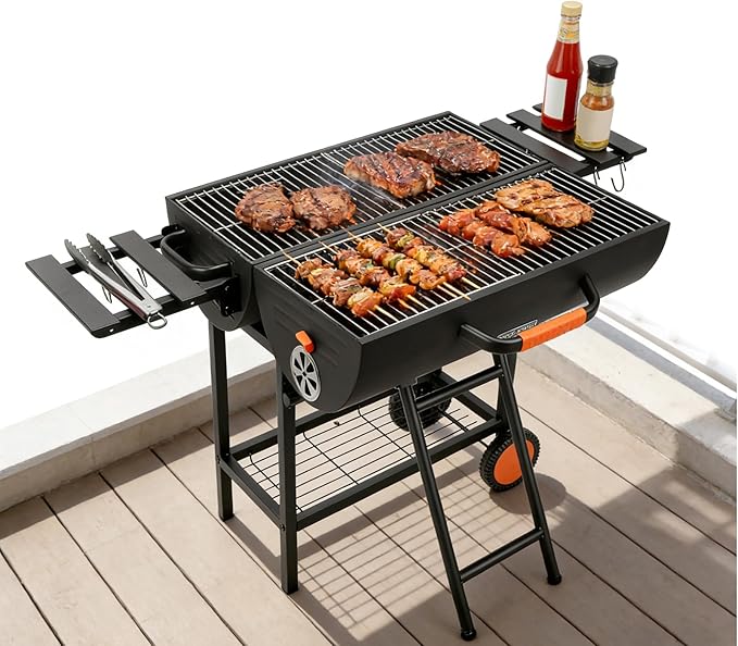 Barrel Barbecue Charcoal Grill 871 Square Inches Cooking Area Outdoor BBQ Grill with 2 Foldable Side Tables Charcoal Barrel Grills for Patio Backyard Camping Picnics Tailgating Parties