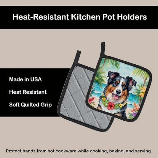 Caroline's Treasures Australian Shepherd Luau Pair of Pot Holders Kitchen Heat Resistant Pot Holders Sets Oven Hot Pads for Cooking Baking BBQ, 7 1/2 x 7 1/2