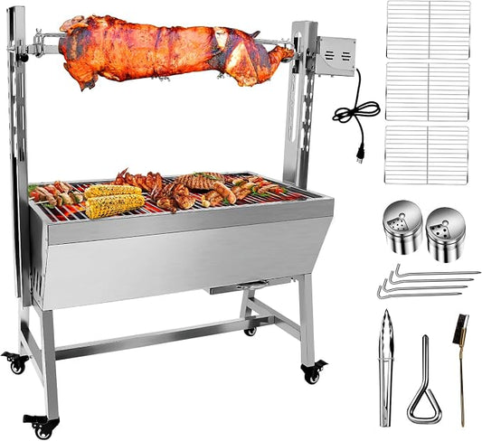 37" Electric Rotisserie Grill, Pig Lamb Spit Roaster Stand Rotisserie 132 Lbs Capacity With Adjustable Height, BBQ Charcoal Rotisserie Grill Kit Stainless Steel For Outdoor Party Camping