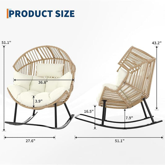 Garvee Wicker Rocking Egg Chair with Extra-Soft Pillow and Thick Cushion | Oversized Ergonomic Rattan Lounge Rocker for Outdoor & Indoor, Living Room, Backyard & Garden – Cream Cushion, Wicker Frame