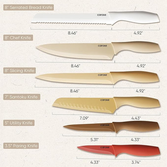 CAROTE Knife Set, 12 Pieces Kitchen Knife Set, 6 Stainless Steel Knives with Blade Guards & Nonstick Ceramic Coating, Rustproof, Color-Coded, Ergonomic Handles (Pack of 2)