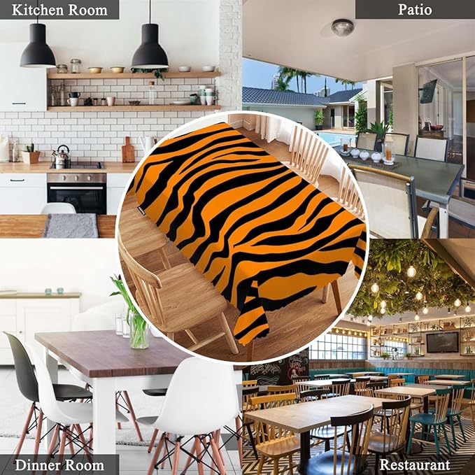 Swono Tiger Print Tablecloth African Animal Tiger Skin Orange Black Stripe Decorative Table Cover for Kitchen, Party Banquet and Holiday Tablecloth, 52x70 Inch(4-6 Seats)