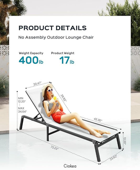 Ciokea Aluminum Chaise Lounge Ourdoor - Foldable & Assemble Free Outdoor Lounge Chair with 5 Adjustable Backrest, Patio Lounge Chair for Outside Poolside Beach Pool, White