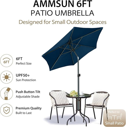 AMMSUN 6FT Patio Umbrella, Outdoor Table Umbrella with Push Button Tilt | UPF50+ Sun Protection and Water-Resistant Fabric, Premium Steel Pole and Ribs, Height-Adjustable and Push-Button Tilt