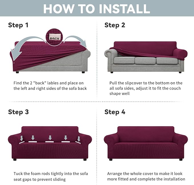 LURKA Stretch Oversized Sofa Slipcovers 1 Piece Couch Covers for 3 Cushion Couch Sofa Furniture Protector Full Sofa Covers with Elastic Bottom for Kids and Pet (X-Large, Wine)