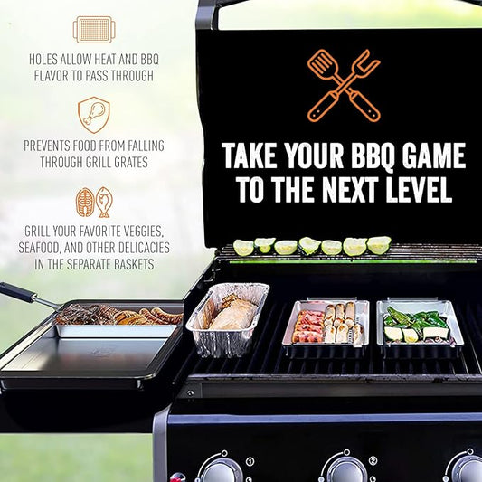Yukon Gloryโข BBQ 'N SERVE Grill Basket Set - Includes 3 Grilling Baskets a Serving Tray & Clip-on Handle - "Patented Grill-to-Table Design" Perfect For Grilling Fish Veggies & Meats