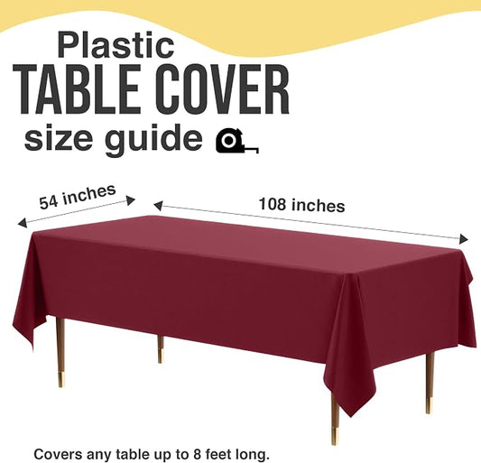 Exquisite 66% Thicker Premium Plastic Table Cloth Rectangle Table Cover 0.5 Mil 6 Pack Burgundy Table Cloth 54 Inch x 108 Inch Disposable Tablecloth Won't Tear Easily Like Cheap Thin Brands