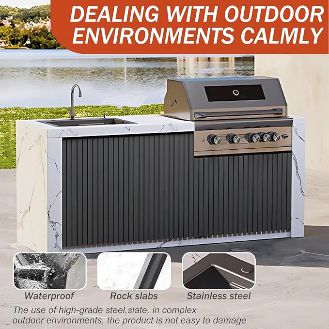 Outdoor Kitchen Cabinet with BBQ- Large Kitchen Cabinet with Slate Countertop Includes Barbecue Grill,Table Includes Stainless Steel Sink & Storage Space(70.86IN)