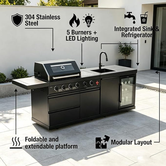 Outdoor Kitchen Island Grill, 6-Burner Gas Grill with Refrigerator, Sink & Food Prep Countertop, Heavy Duty Stainless Steel Modular Outdoor Kitchen for Backyard, Patio