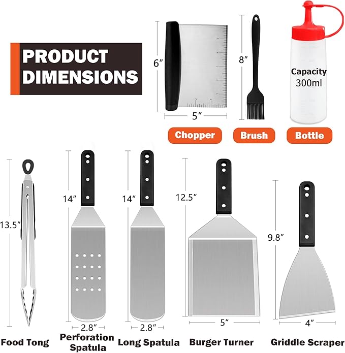 8Pcs Griddle Accessories Kit for Blackstone, Joyfair Flattop Grilling Accessory Tool Set with Stainless Steel Burger Spatula Turner, Metal Flipper, for Outdoor BBQ Teppanyaki Hibachi, (ABS Handles)