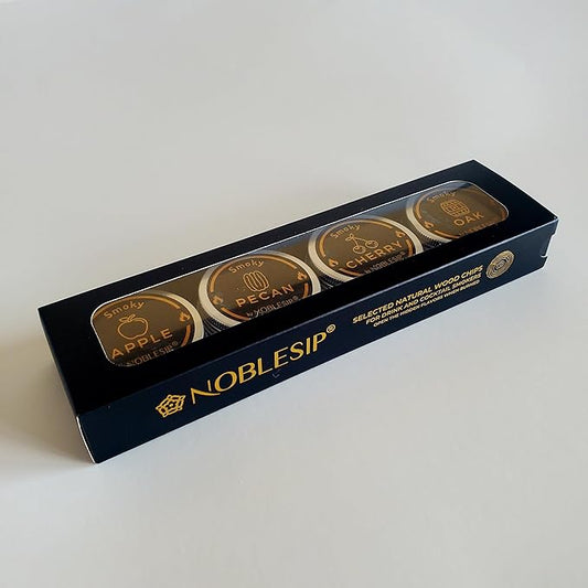 NOBLESIP® Wood Chips for Cocktail and Food Smokers. Set of 4 Selected Natural Flavors: Apple, Cherry, Pecan, Oak. Smoke Whiskey, Bourbon, Old Fashioned, Meats and Cheese. Smokes 200+ Drinks.