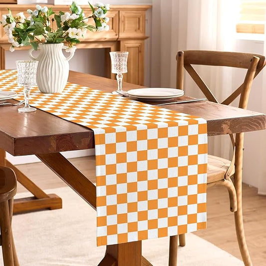 Orange White Checkered Table Runner Fall Thanksgiving Harvest Checkerboard Decoration for Wedding Birthday Bridal Baby Shower Christmas Home Party Kitchen Island Decor (Orange, 13" x 90")