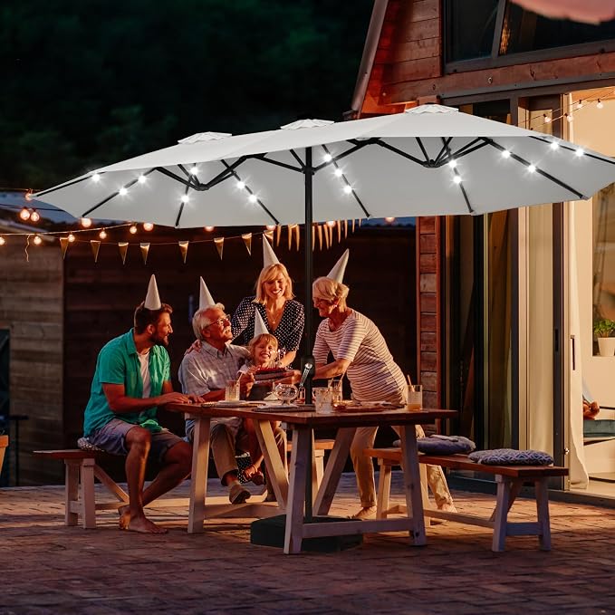 ABCCANOPY 15FT Solar LED Double-Sided Umbrella with Base, Light Gray | Rectangular Outdoor Table Umbrella with Crank, Heavy Duty Market Umbrella Shade for Garden,Poolside, Lawn, Backyard