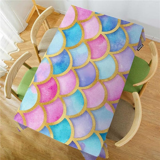 Swono Decorative Rectangle Table Cloth Mermaid, Rainbow Animal Fish Skin Mermaid Scales Polyester Tablecloth Kitchen Table Cover for Dining BBQ Picnic Coffee Table 50x72, 4-6 Seats