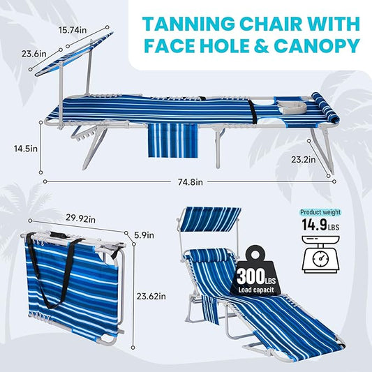 #WEJOY 3 in 1 Tanning Chair with Face Hole and Canopy, 5-Position Folding Face Down Lounge Chairs for Outside Beach Pool, 300lbs Heavy Duty Portable Sun Lounger with Pillow & Storage Bag (Blue White)