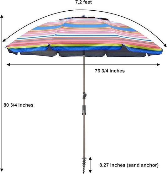 Blissun 7.2' Beach Umbrella with Sand Anchor, Outdoor Portable Beach Umbrella for Sand with Tilt Pole, Carry Bag, Air Vent