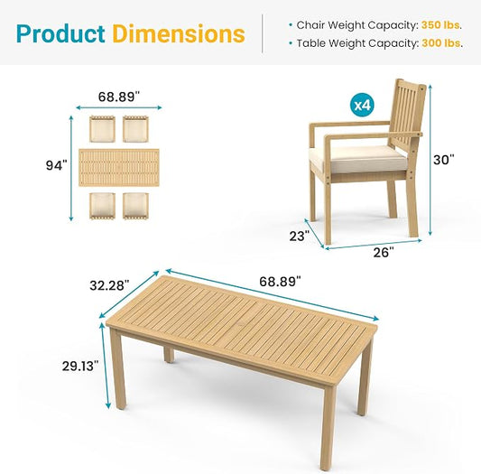 FansaFurn 5 Pieces Acacia Outdoor Patio Table and Chairs Set for All-Weather, Outside Furniture with Table Umbrella Hole and Removable Cushion for 4, Patio Table Set for Patio, Garden, Brown