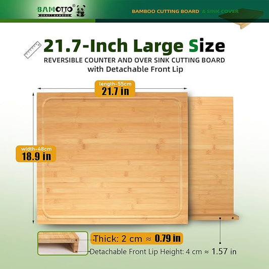 BAMOTTO CRAFTBAMBOO 21.7x18.9 Inch Oversized Bamboo Cutting Board and Sink Cover, Reversible Juice Groove & Flat Side, Non-Slip Detachable Lip, Kitchen Noodle Board Stovetop Cover
