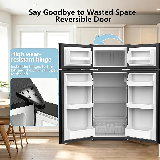 4.5 Cu.Ft Mini Fridge with Freezer, 2 Door Compact Refrigerator, Small Fridge with Adjustable Thermostat Energy Ultra Quiet, Mini Fridge Removable Glass Shelves for Bedroom Office Dorm-Satin Black
