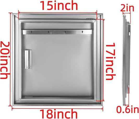 Outdoor Kitchen Door 18" W x 20" H Stainless Steel BBQ Single Access Door Flush Mount Vertical Wall Doors with Handle and Hooks Suitable for Grilling Station Outside Cabinet Outdoor Kitchen