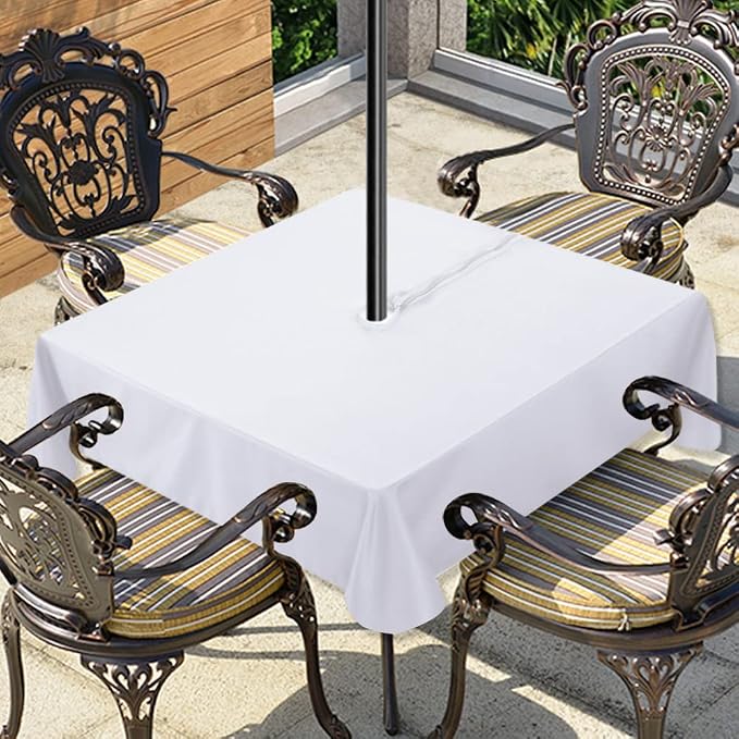 LUSHVIDA Square Outdoor Tablecloth with Umbrella Hole and Zipper, 54x54 Inch White, Washable Waterproof Table Cloth Spill Proof Wrinkle Free Table Cover for Patio Spring Summer Picnic BBQS